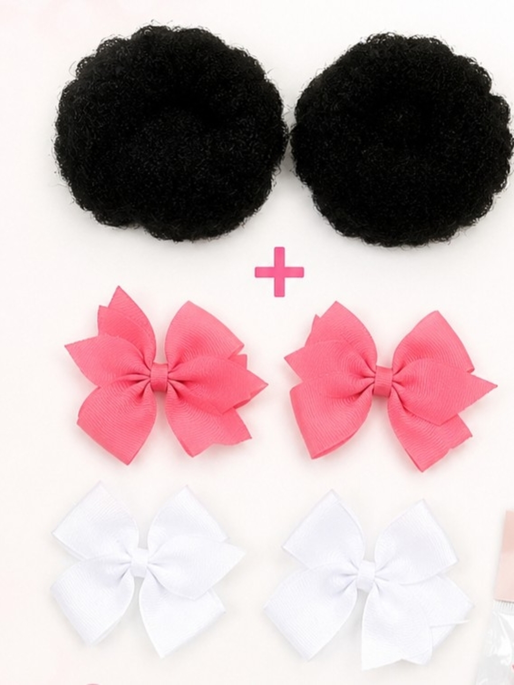 Kids Hair Bow and Bun Set - Pink and White Bows with Black Hair Buns
